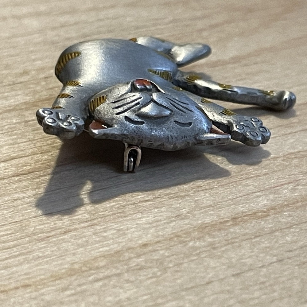 Vintage 1990s JJ Jonette Jewelry Pewter Tone Cat Brooch Happy Kitty Pin Orange - Picture 5 of 9